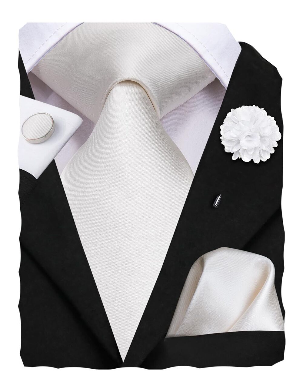 3412 Ivory White 's Solid Tie Lapel Pin Set Pocket Square Cufflinks Formal